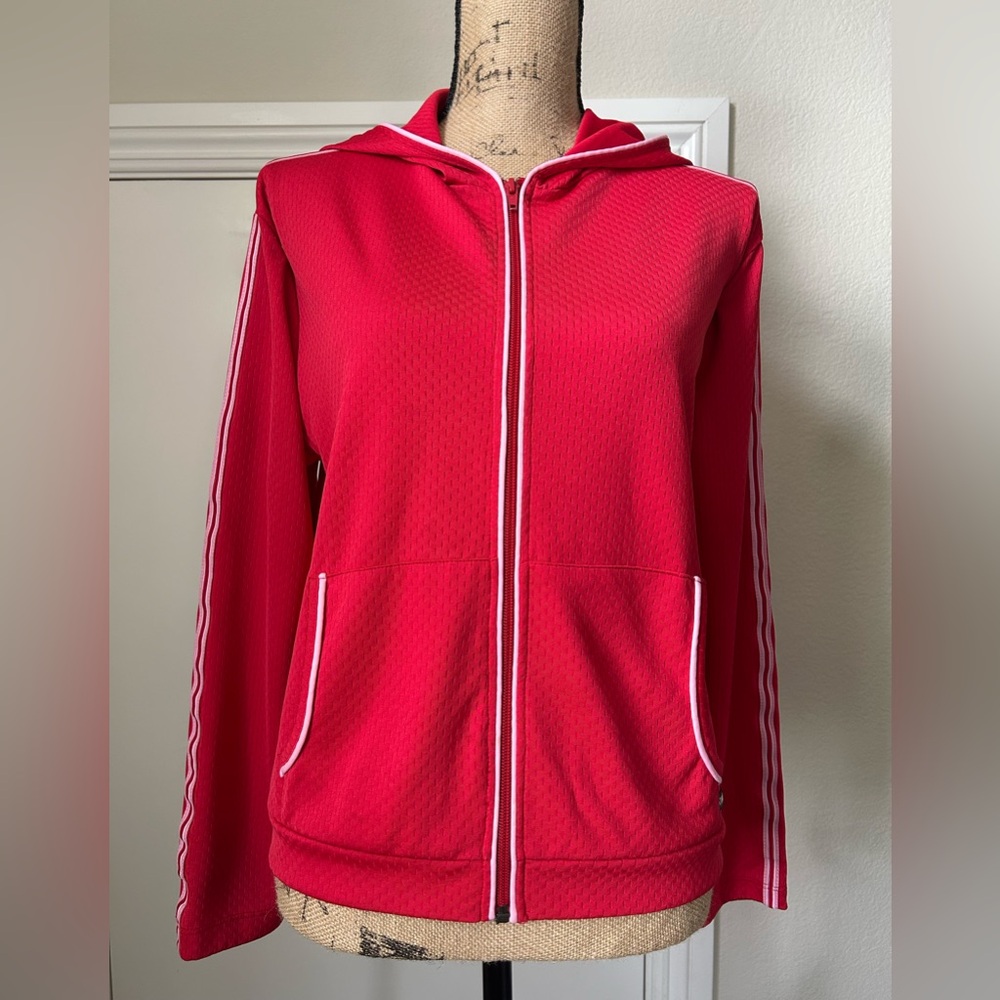 Athleta Red Hooded Zip Jacket with Pink & White Trim
